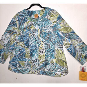 Ruby Rd Cotton Jacket Sz 22W NEW Cotton Turquoise-Color Stone Beading Palm Leafs
